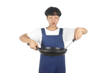 Asian woman wearing apron and holding a pan isolated on transparent background.