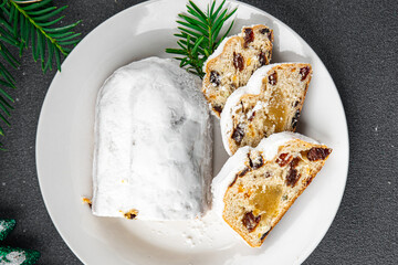 stollen christmas treat sweet dessert holiday baking new year celebration meal food snack on the table copy space food background rustic top view