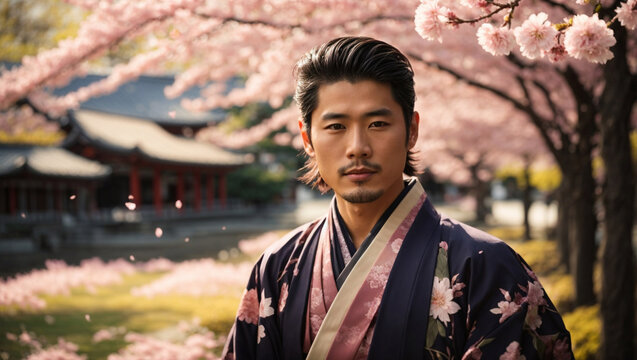 Bellissimo giovane uomo di origini asiatiche vestito con un kimono in Giappone sotto un albero di ciliegio in fiore nei pressi di un tempio