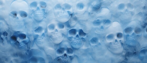 Frosted skeletal skulls embedded into translucent blue ice wall texture