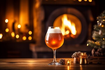 Experience the rich taste of Belgium with a glass of Trappist Ale on a rustic table by a warm fireplace