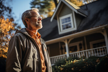 Man gazes ahead near traditional home