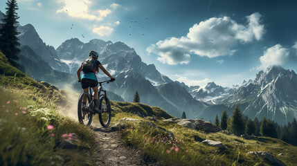 Adventurous Mountain Biking Woman Riding Her Bike on an Offroad Trail - obrazy, fototapety, plakaty