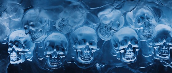Frosted skeletal skulls embedded into translucent blue ice wall texture - obrazy, fototapety, plakaty