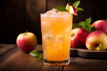 Fototapeta premium A vibrant image of a delicious apple and peach mocktail with fresh fruit garnish on a rustic setting