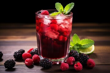 A tantalizing close-up of a chilled raspberry and blackberry drink garnished with fresh fruit and mint leaves