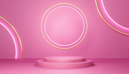 Realistic 3D pink scenery with golden circles