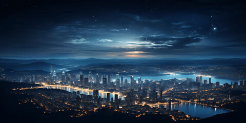 Naklejka premium Vista panorámica de una ciudad de noche 