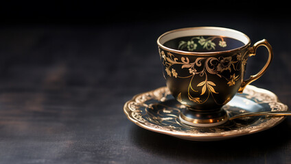 Intricate floral pattern on a antique teacup isolated on a dark banner style background. Dark wood surface. - obrazy, fototapety, plakaty