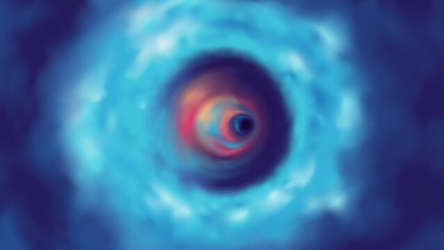 Wormhole background. Vector illustration eps10. Spiral hyperspace tunnel. Space portal for time traveling. Speed effect. Sky with clouds. Black hole vortex. Bright colors. Blue and white. Warp jump.