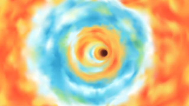 Wormhole background. Vector illustration eps10. Spiral hyperspace tunnel. Space portal for time traveling. Speed effect. Sky with clouds. Black hole vortex. Bright colors. Blue and yellow. Warp jump.