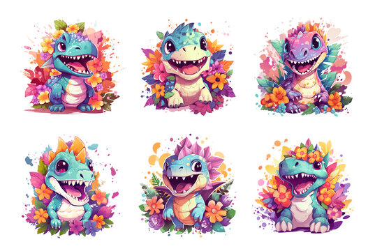Cute colorful dinosaurs dino watercolor set transparent background
