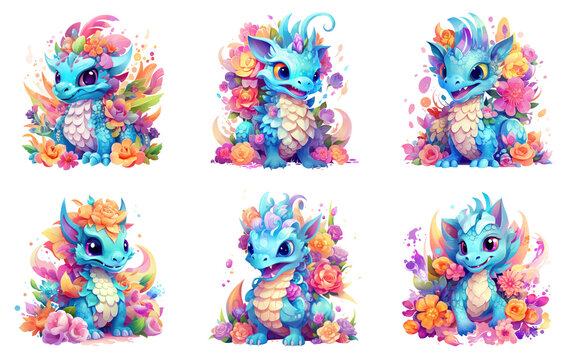Cute colorful dragons watercolor set transparent background
