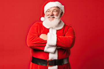 Fototapeta na wymiar Elegant and cheerful elderly man dressed as Santa Claus, rejoicing and celebrating Christmas in a holiday studio portrait.