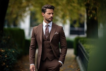 Stylish young businessman in an elegant suit exuding confidence and modern success in the metropolis.