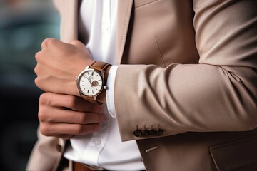 Stylish young businessman in a classic suit looks at his wristwatch, demonstrating modern elegance and punctuality. - obrazy, fototapety, plakaty