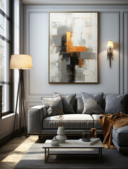 Abstract Oil Painting: geometric shapes in colors of black, gray and gold in boho style in the living room interior