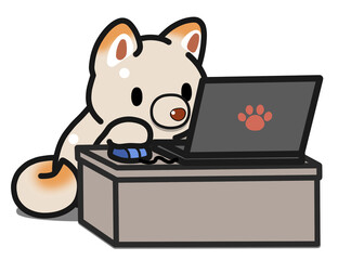 パソコン作業をする白柴のデフォルメイラスト