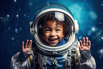 A young black boy dressed as an astronaut goes on a space adventure.