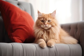 A cute and fluffy domestic ginger cat is relaxing on the sofa, creating a cozy and charming atmosphere.