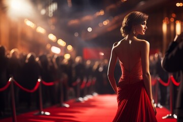 Back view portrait of a woman walking on red carpet