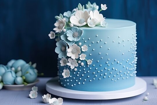 An exquisite sweet blue cake with a floral theme, perfect for weddings and special events.