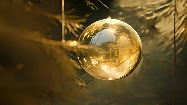 A of delicate, golden pine needles hangs suspended in a clear, glass orb, catching the light and casting intricate shadows on the walls. The orb spins slowly, creating a sense of movement