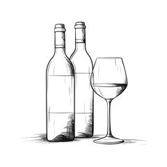 Two bottles and a glass of wine illustration, simple sketch, silhouette on white background, doodle minimalistic style