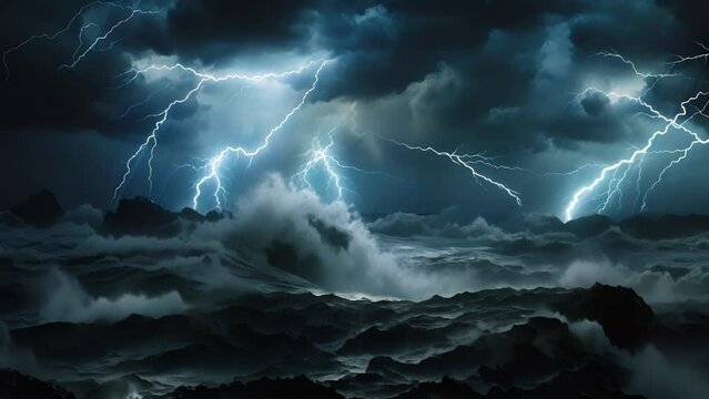 A stormy ocean, lit up by bolts of lightning that dance across the surface. The waves crash against the shore with a fierce, primal energy, as darkness hovers above like a powerful force.
