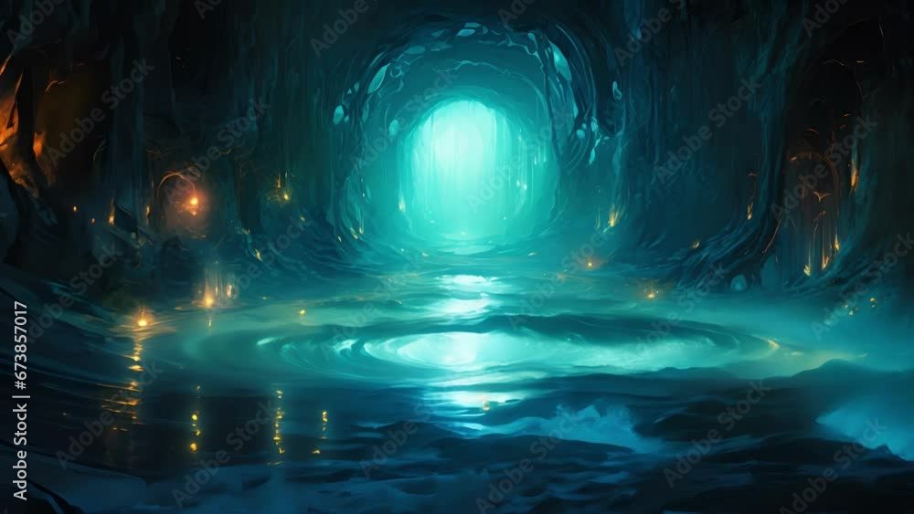 Poster a luminescent pool of turquoise liquid, seemingly bottomless and emitting a soft glow, like a portal