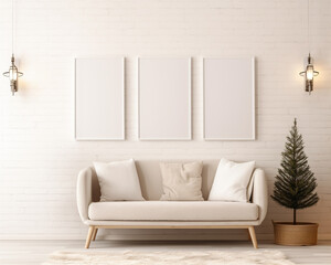 3 Christmas frame mockup, Three vertical frames, Luxury living room Interior, Poster mock up,3d render