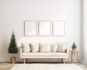 3 Christmas frame mockup, Three vertical frames, Luxury living room Interior, Poster mock up,3d render