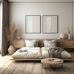 Bedroom interior with poster mockup, modern style, 3d render,for wall art