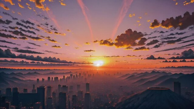 The sun was slowly sinking below the horizon against the backdrop of the city and the hills