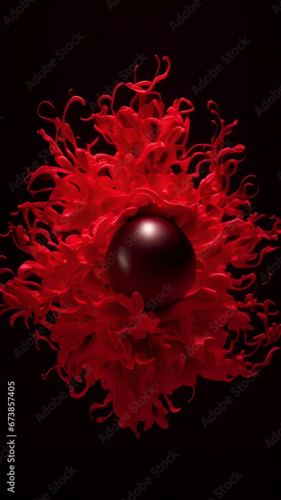 Poster a spherical burst of fiery red, with sharp spikes and tendrils reaching out in all directions, remin
