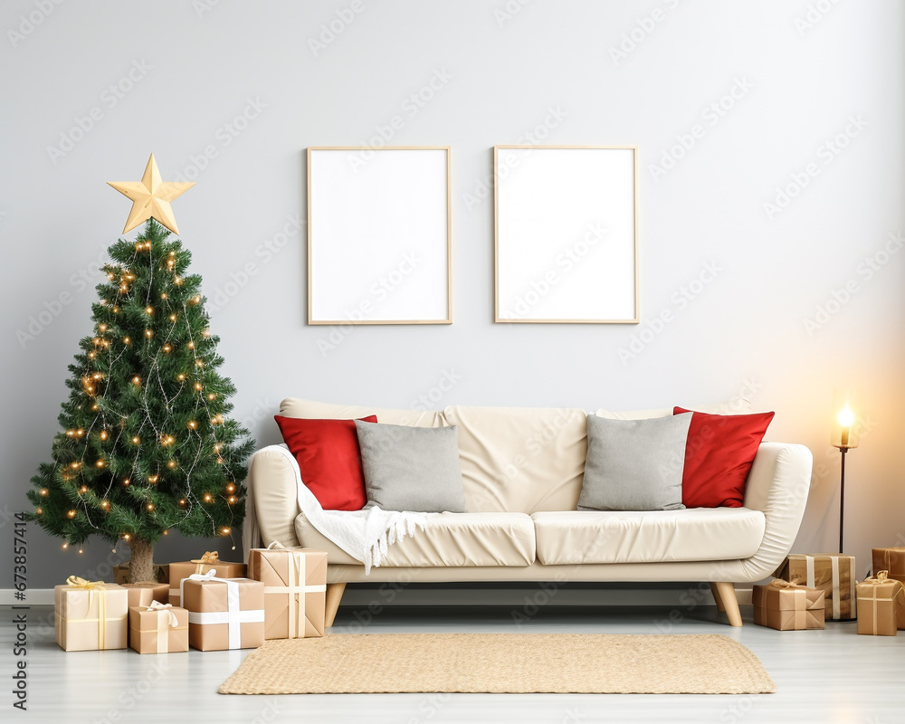 Wall mural set of two frame mockup living room interior design, christmas celebrations pine tree and decorations.3d render