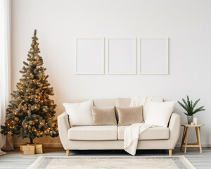 3 Christmas frame mockup, Three vertical frames, Luxury living room Interior, Poster mock up,3d render