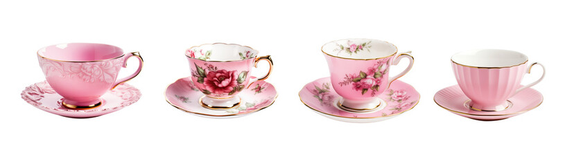 Pink, gold and white teacup and saucer plate collection - red rose floral pattern design - premium pen tool PNG transparent background cutout.  - obrazy, fototapety, plakaty
