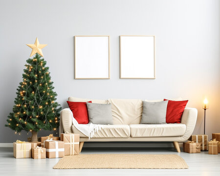 set of two frame mockup living room interior design, christmas celebrations pine tree and decorations.3d render