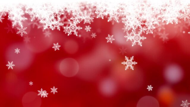 Red Christmas background with falling snowflakes.