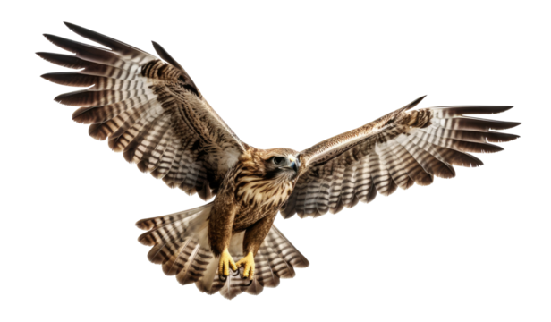 flying hawk with spread wings on transparent or white background