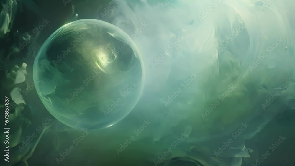 Poster a translucent bubble filled with swirling teal smoke, glowing and expanding before bursting into a t