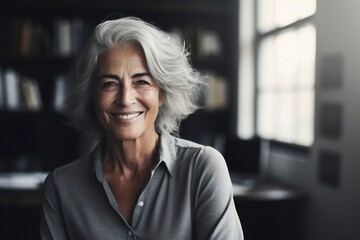 Fototapeta premium Endless Professional Gratitude: In Her Office, a Mature Lady's Happiness and Smiles Echo Her Confidence, Reflecting the Rewarding Path of a Lifelong Career