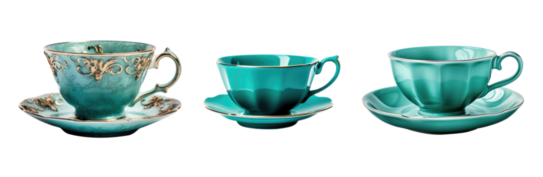 Teal and gold teacup and saucer plate collection - premium pen tool PNG transparent background cutout. 