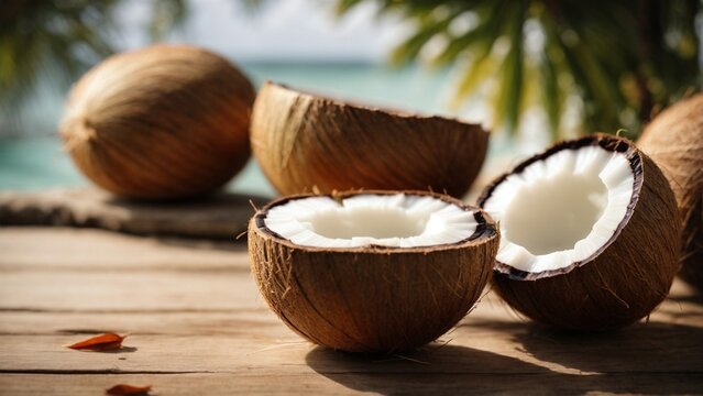 Close up high resolution image of fresh coconut fruits. Generative AI.