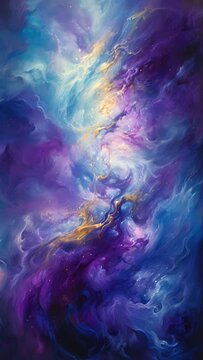 A swirling mass of electric blue and purple, reminiscent of a nebula in deep space. Within the swirling colors, streaks of silver and gold can be seen, giving the impression that this image