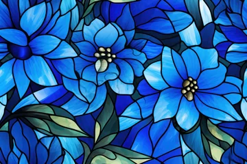 Fotobehang Glas in lood texture de motif de vitrail floral, motif répétable sans couture bleu 