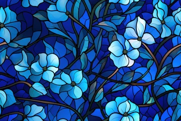 Zelfklevend behang Glas in lood texture de motif de vitrail floral, motif répétable sans couture bleu 