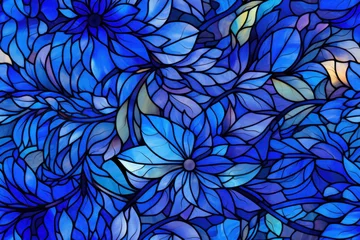 Foto op Plexiglas Glas in lood texture de motif de vitrail floral, motif répétable sans couture bleu 