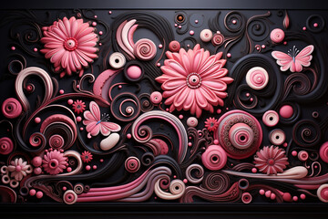 flowers, plants, butterflies and spheres, plant patterns and swirls in black and pink shades. Generative ai